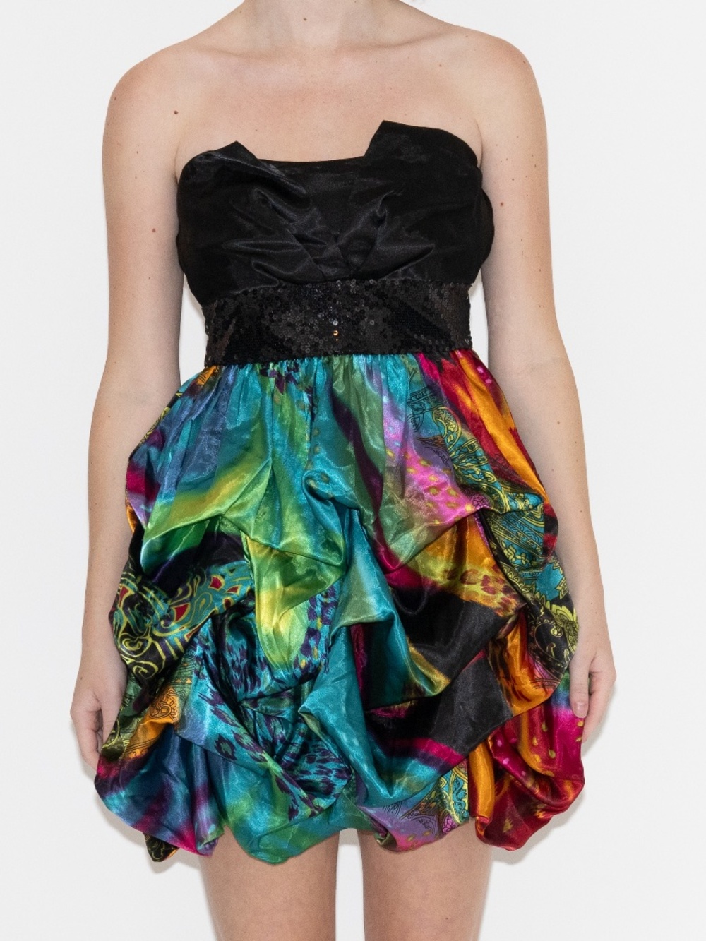 Y2k strapless mini dress prom ruched multicolor size 5/6 studio y sequins
